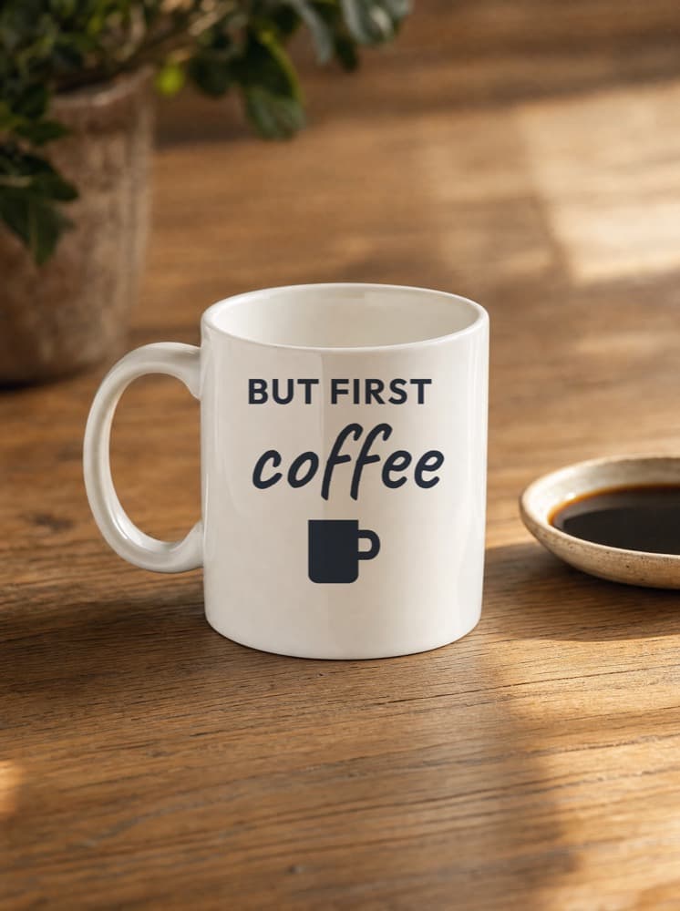 White mug with the 'but first, coffee' design from the Collection