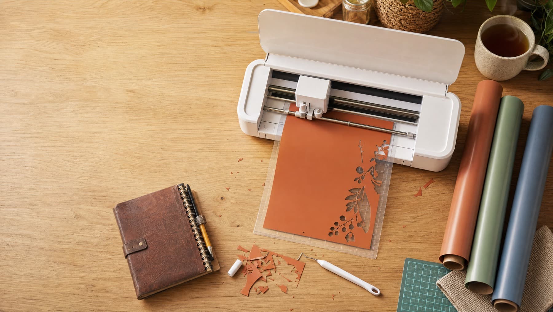 A craft desk with a cutting machine mid-cut on terracotta vinyl, beside rolls of vinyl and weeding tools