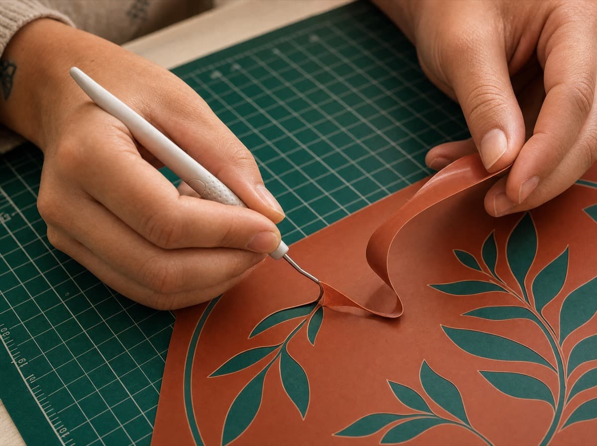 Hands weeding a terracotta vinyl botanical design on a cutting mat